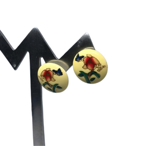 VINTAGE cloisonné ceramic clay circular round butterfly floral earrings.